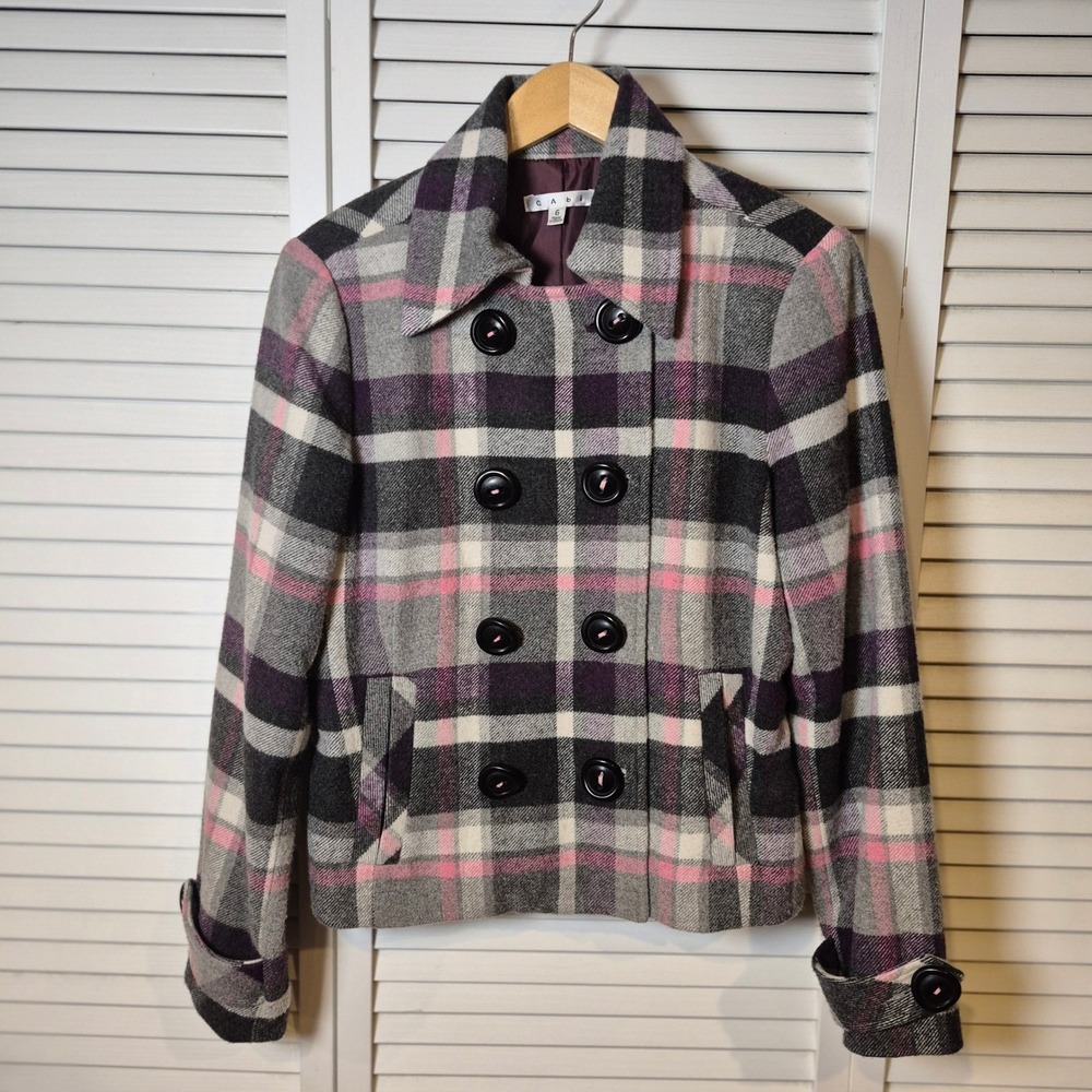 Cabi Plaid‎ Double Breasted Wool Blend Jacket Gray Pink Purple Size 6 Coat